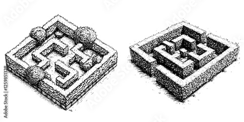 Intricate hand-drawn vector illustration of decorative garden mazes surrounded by greenery
