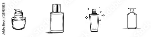 Beauty product vector illustration featuring hand-drawn cosmetics in various elegant bottles and containers
