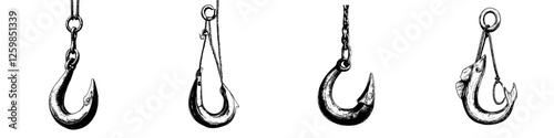 Elegant hand-drawn vector illustration of fishing hooks in various styles suitable for outdoor and fishing-themed designs