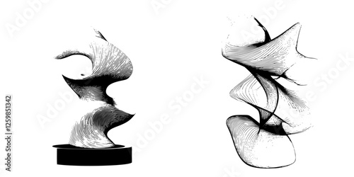 Vector illustration of abstract sculptures with flowing lines and dynamic shapes in hand-drawn style