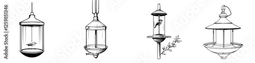 Hand-drawn vector illustration of various bird feeders showcasing unique designs and styles for garden enthusiasts