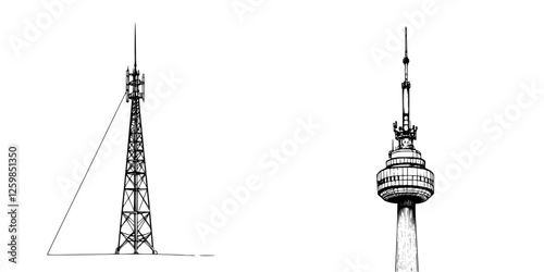 Vector illustration of two distinct tower designs showcasing unique styles and structures in a hand-drawn artistic approach