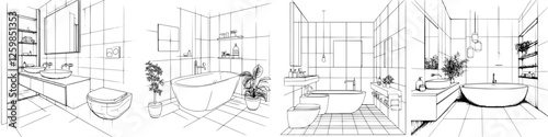 Hand-drawn vector illustration of modern bathroom interiors featuring elegant designs and plants for a fresh atmosphere