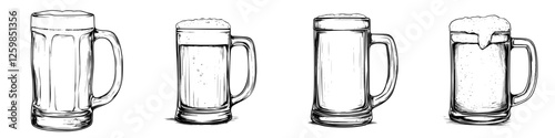 Hand-drawn vector illustration of various beer mugs showcasing different styles and levels of froth