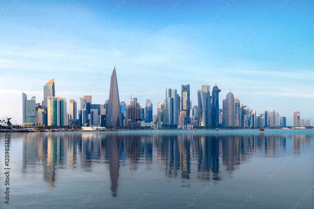 Naklejka premium Doha, Qatar - October 14, 2020: The Panoramic skyline of Doha, Qatar during sunrise