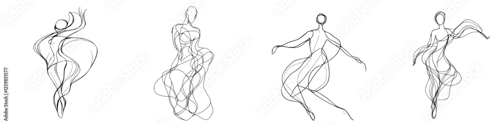 Elegant hand-drawn vector illustrations of flowing figures in dynamic poses expressing grace and movement Elegant hand-drawn vector illustrations of flowing figures in dynamic poses expressing grace and movement