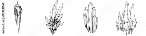 Hand-drawn vector illustration of various crystal shapes showcasing intricate details and unique textures