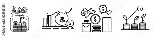 Vector illustration of financial growth concepts with hand-drawn style including plants, money, and charts