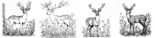 Hand-drawn vector illustration of deer in a natural setting surrounded by wildflowers