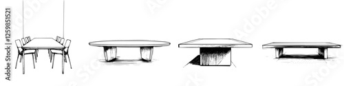 Hand-drawn vector illustration of various table designs showcasing different styles and shapes for interior decor