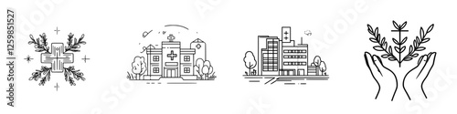 Vector illustration of healthcare symbols and facilities showcasing compassion and healing in a hand-drawn style
