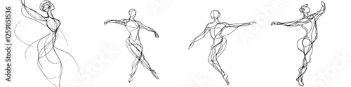 Hand-drawn vector illustration of elegant dancers showcasing various ballet poses in graceful motion