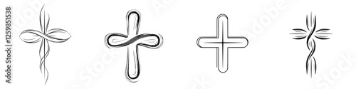 Elegant hand-drawn vector illustration of various cross designs showcasing intricate details and unique styles suitable for diverse themes