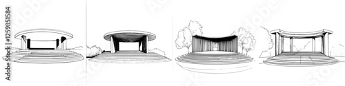 Hand-drawn vector illustrations of various outdoor stages in a park setting during daylight
