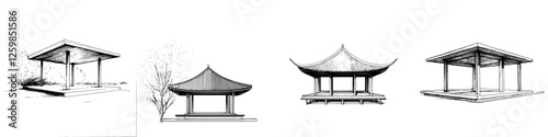 Vector illustration of traditional pavilions displayed in a hand-drawn style, showcasing various architecture designs and details