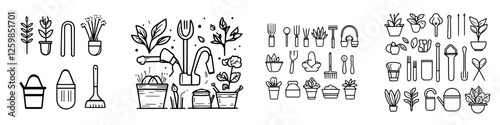Vector illustration featuring hand-drawn gardening tools, plants, and watering equipment showcased in various arrangements