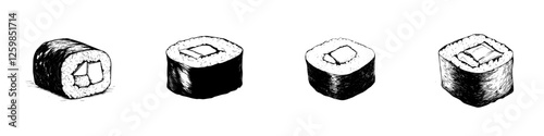 Sushi preparation process illustrated in hand-drawn vector style showcasing different stages of maki sushi