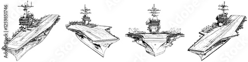 Vector illustration of hand-drawn aircraft carriers in various perspectives showcasing naval architecture and design