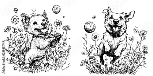 Playful puppies frolicking in a field of flowers during a sunny day capturing the joy of companionship and nature