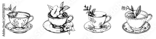 Hand-drawn vector illustration of decorative tea cups with herbs and flowers in a serene setting
