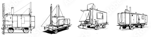 Hand-drawn vector illustration of mobile food trucks in various designs and configurations parked in an urban setting