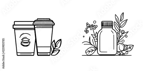 Hand-drawn vector illustration featuring coffee cups and a bottle with foliage designs in a minimalistic style