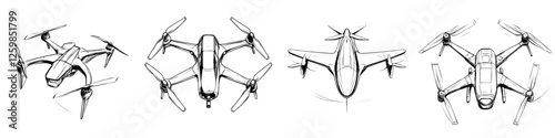 Hand-drawn vector illustration of various drone designs showcasing innovative technology and creativity