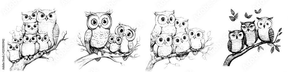 Fototapeta premium Charming hand-drawn vector illustration of owls perched on branches in a natural setting, showcasing their delightful expressions and interactions