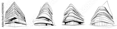 Unique hand-drawn vector illustration of modern architectural designs featuring four distinct buildings with dynamic shapes