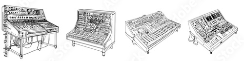 Vector illustration of hand-drawn synthesizers showcasing various designs and features in a musical setting