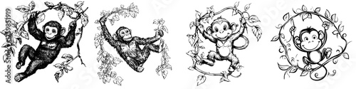 Delightful hand-drawn vector illustration of playful monkeys in a jungle setting with lush vines and foliage