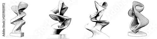 Elegant hand-drawn vector illustrations of abstract sculptures with twisting forms showcasing artistic design and creativity