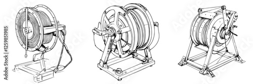 Hand-drawn vector illustration of three different types of cable reels for various applications