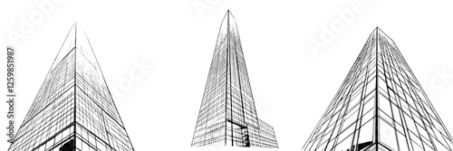 Hand-drawn vector illustration of modern skyscrapers showcasing unique architectural designs with sharp angles and glass facades