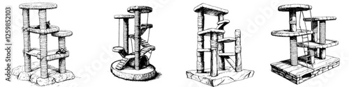 Cats engage with multi-level playing structures designed for enjoyment and exercise in a cozy indoor space