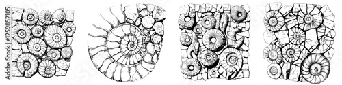 Vector illustration of hand-drawn ammonite fossils depicting intricate details and natural patterns