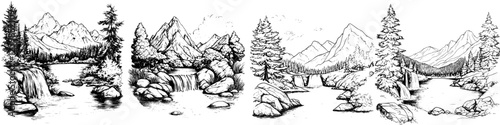 Natural landscapes featuring mountains, waterfalls, and serene lakes in hand-drawn vector style