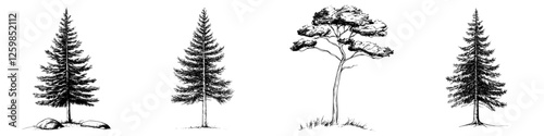 Hand-drawn vector illustrations of various tree species in a natural setting with detailed textures