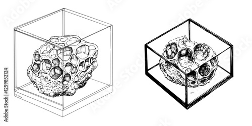 Detailed hand-drawn vector illustration of a rock specimen displayed in a transparent case