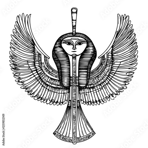 Symbolic depiction of an Egyptian goddess with wings and a sistrum surrounded by ancient hieroglyphs