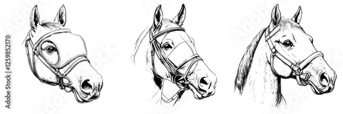 Horses illustrated in hand-drawn style showcasing detailed features and harnesses in a vector format