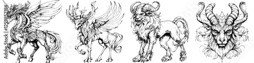 Intricate hand-drawn vector illustrations of mythical creatures including unicorns and winged beasts