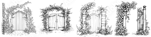 Charming hand-drawn vector illustration of four unique garden gates entwined with climbing plants