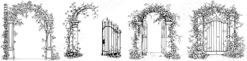 Hand-drawn vector illustrations of five different garden arches with lush vines and gates in a serene outdoor setting