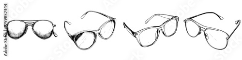 Detailed hand-drawn vector illustration of various styles of eyeglasses on a white background showcasing design diversity