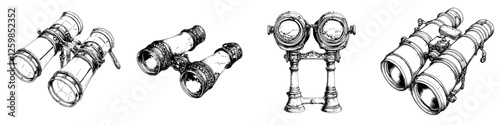 Vector illustration showing hand-drawn binoculars in various styles and positions with intricate detailing