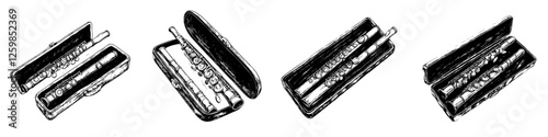 Hand drawn vector illustration of a closed flute case with flute arranged inside, showcasing a musical instrument's elegance and craftsmanship