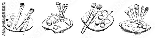 Creative tools for artists displayed in hand-drawn style showcasing paintbrushes and palettes used in artistic expression