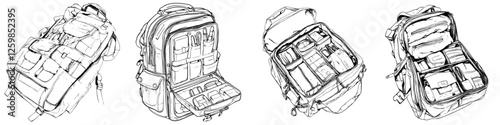 Hand-drawn vector illustration of an organized backpack showcasing storage compartments and versatility