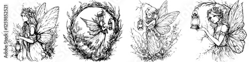 Four enchanting fairies holding lanterns and surrounded by nature in a hand-drawn vector illustration style